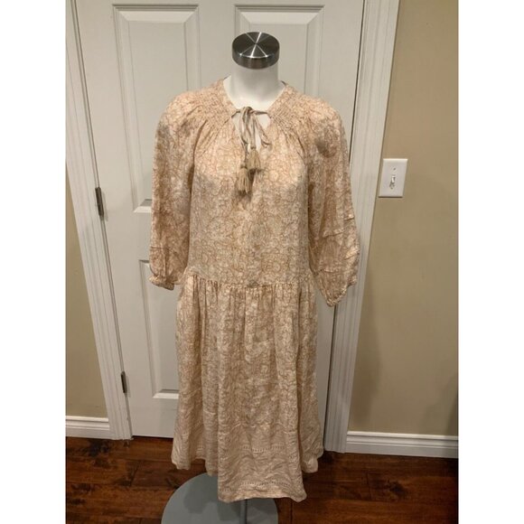Magaschoni  Tan & White Floral V-Neck Linen Midi Shift Dress, Size M - Picture 1 of 6
